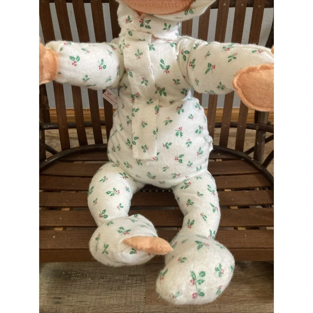 Annalee Child 1989 Child Sitting in Holly Patterned Outfit 12